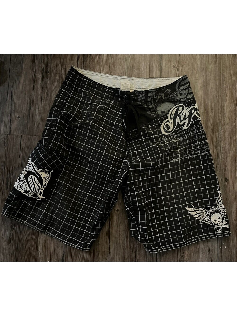 VTG Rip Curl Black Grid Board Shorts Sz 34 Y2K Baggy Grunge
